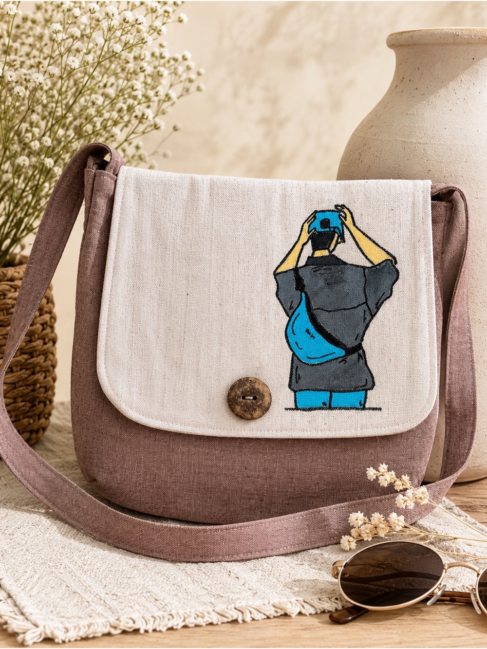 Handmade Boho Linen Crossbody Bag Hand Painted Art Canvas Messenger OOAK Cottage